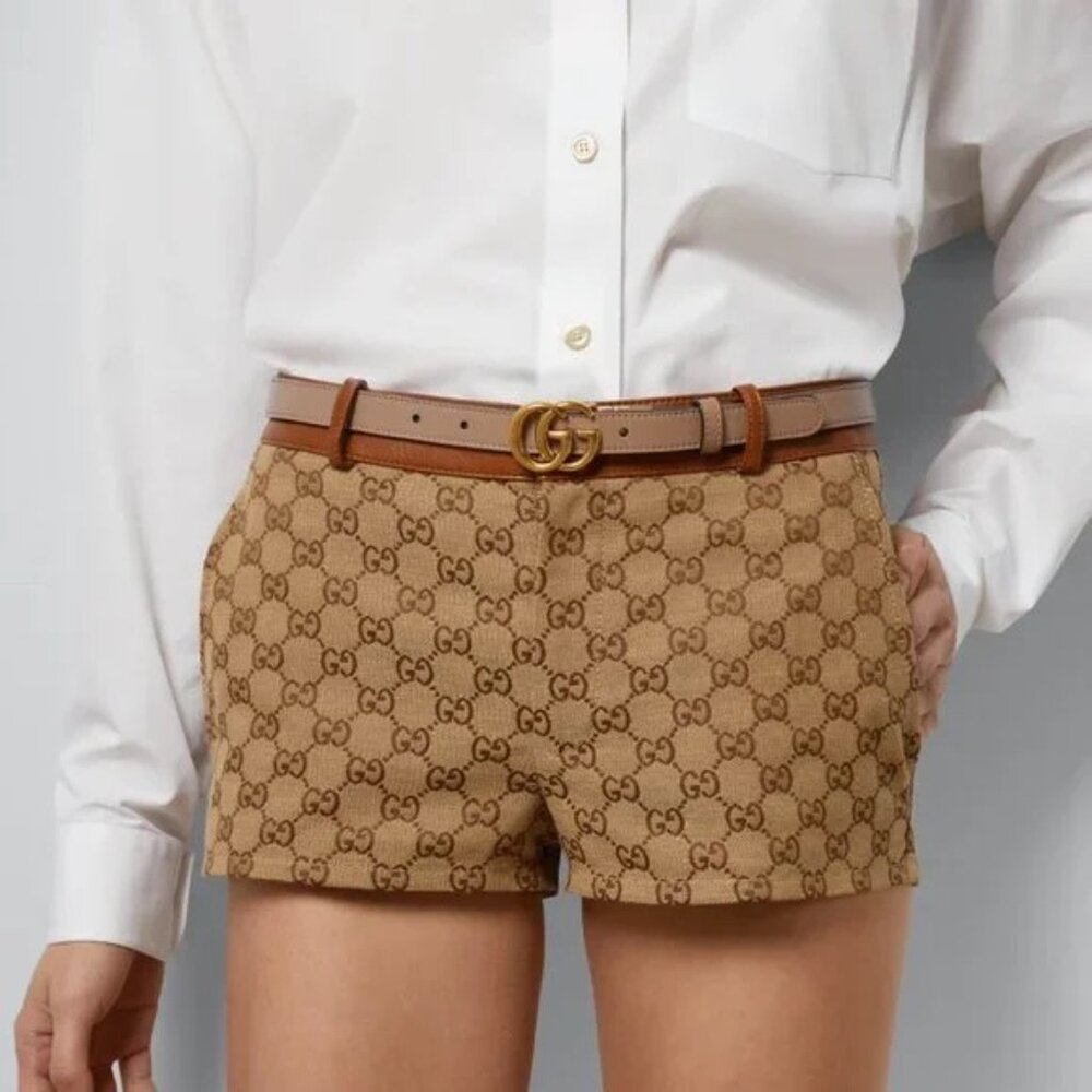 Gucci Brown/Tan Leather Double G Belt with Gold Buckle